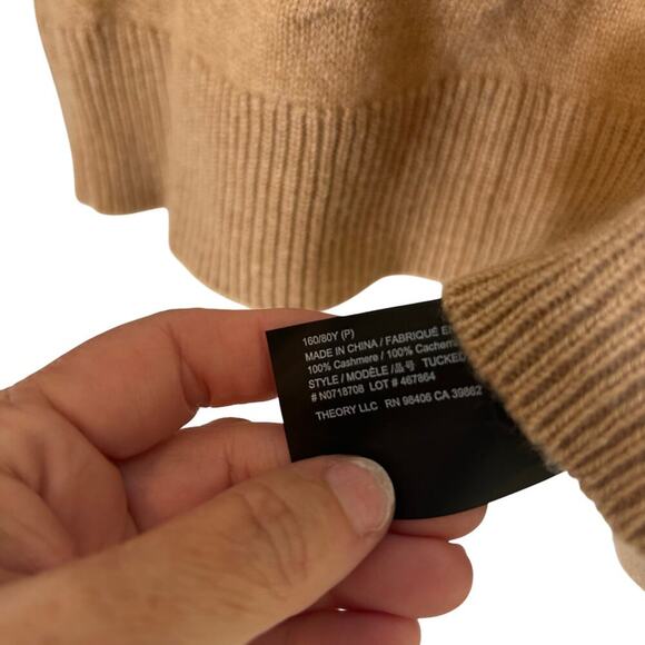 Theory 100% Cashmere Tucked Sweater Camel Size P Quiet Luxury Preppy Old Money - Picture 5 of 8